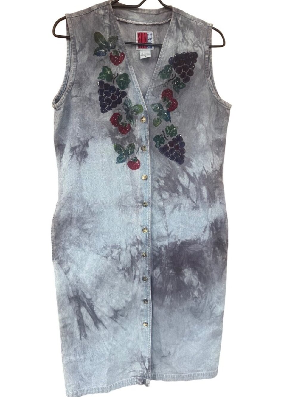 Sun Belt Vintage Denim Dress Medium Tie Dye Embroidered Fruit Button Front